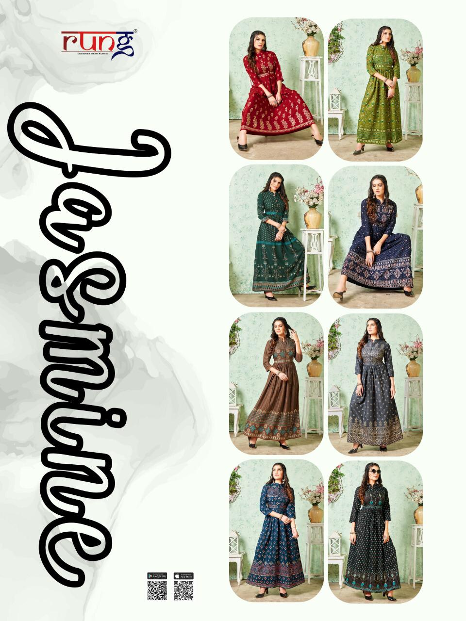 Rung Jasmine Latest Fancy Designer Casual Wear Rayon Gold Print Long Kurtis Collection
